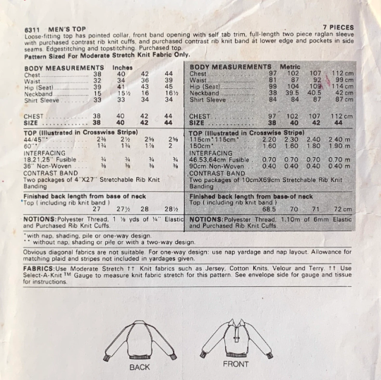 Mens Pullover Sweatshirt Sweat Shirt w/ Pockets Vintage Sewing Pattern Butterick 6311 44