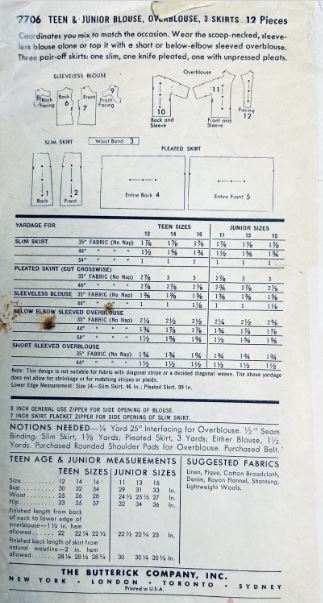 50s Sleeveless Shell Top & Pleated Full or Straight Skirt w/ Overblouse Juniors Petite Sewing Pattern Butterick 7706 B32