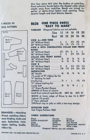 50s Womens Blouson Pintuck Bodice Fitted Dress Petite Vintage Sewing Pattern Vogue 8636 B30