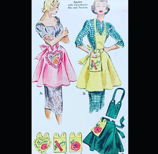 50s Pinafore or Half Apron w/ Detachable Bib & Heart Shaped Pockets w/ Embroidery Transfer McCalls 1650 One Size