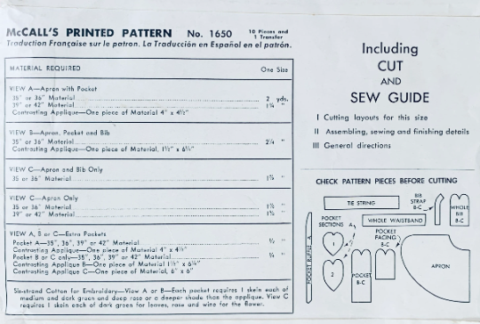 50s Pinafore or Half Apron w/ Detachable Bib & Heart Shaped Pockets w/ Embroidery Transfer McCalls 1650 One Size