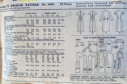 50s Fitted Princess Seam Sheath Dress w/ Matching Coat Petite Juniors Vintage Sewing Pattern McCalls 3490 B20