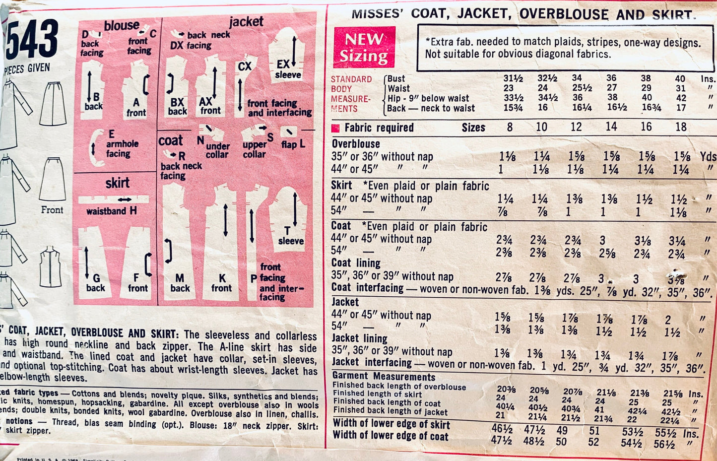 60s Spring Coat A Line Skirt Sleeveless Overblouse & Jacket Vintage Sewing Pattern Simplicity 7543 B34