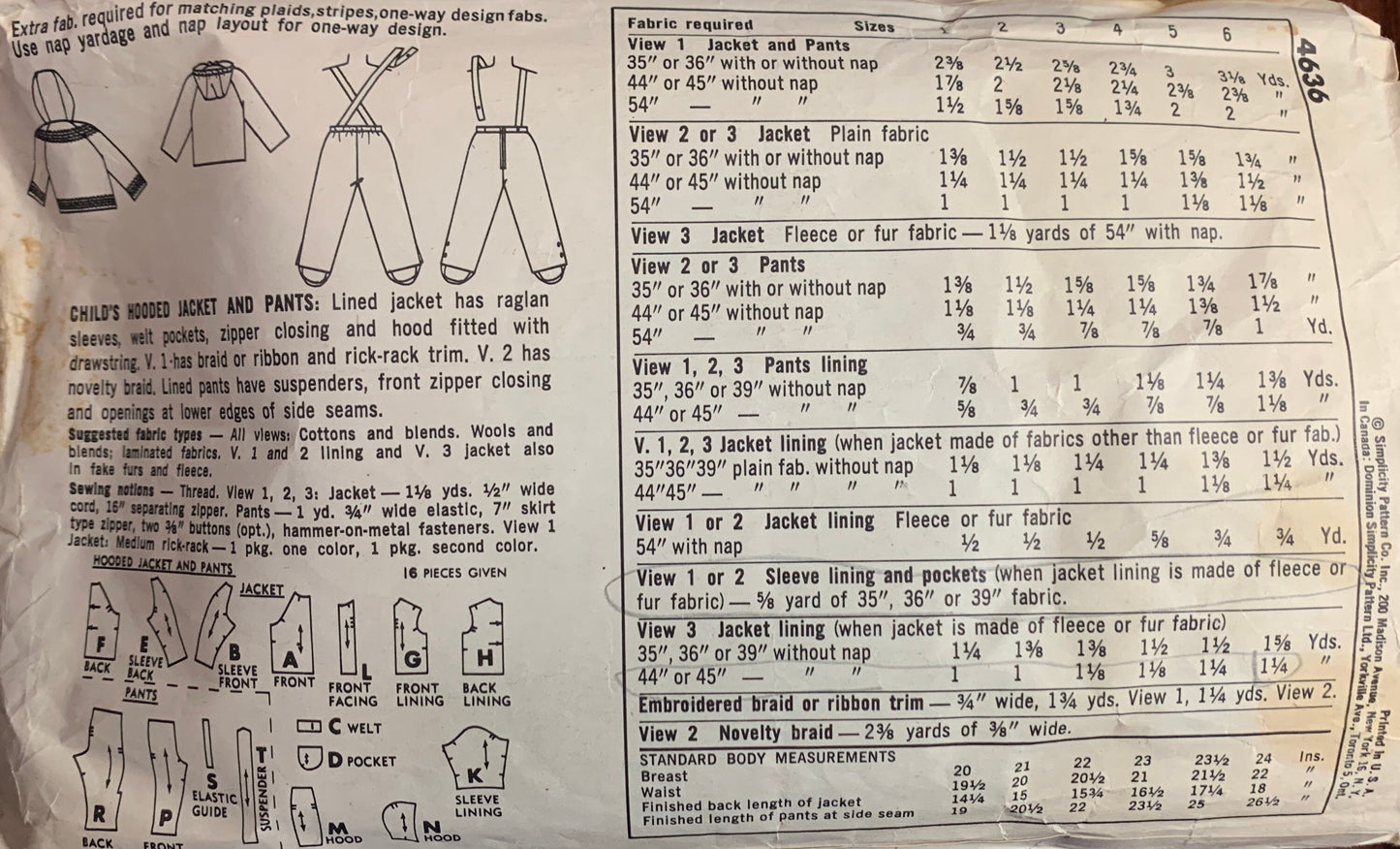 50s Childrens Snow Suit Parka Coat Snow Pants Outerwear Ski Pants Vintage Sewing Pattern Simplicity 4636 6