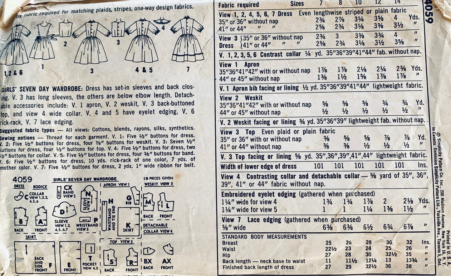 Girls 7 Day Wardrobe Dress Pattern Pinafore Dresses Fit N Flare Vintage Sewing Pattern Simplicity 4059 7
