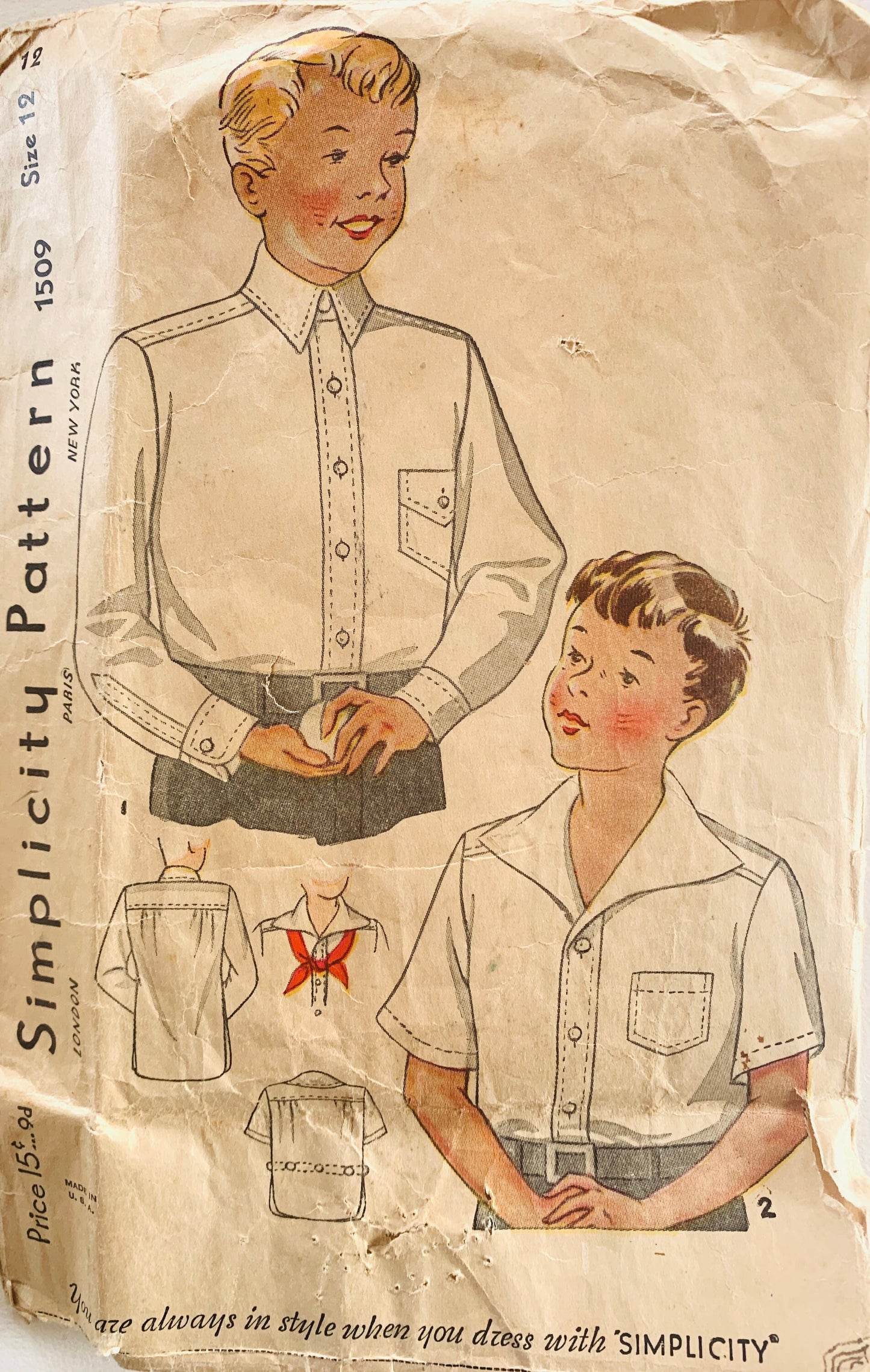 1930s Boys Dress or Casual Shirt w/ Wing Collar Button Front Shirts Vintage Sewing Pattern Simplicity 1509 12