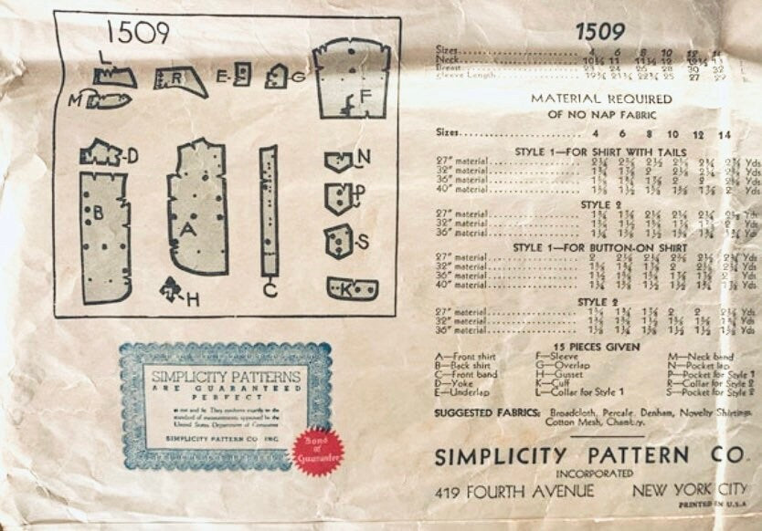 1930s Boys Dress or Casual Shirt w/ Wing Collar Button Front Shirts Vintage Sewing Pattern Simplicity 1509 12