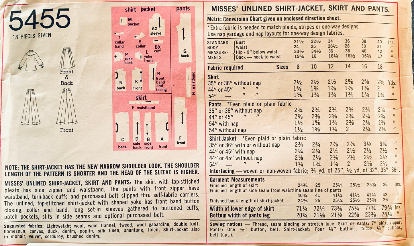 70s Stovepipe Pants Pleated Skirt Jacket Pant Suit Pantsuit Vintage Sewing Pattern Simplicity 5455 B34