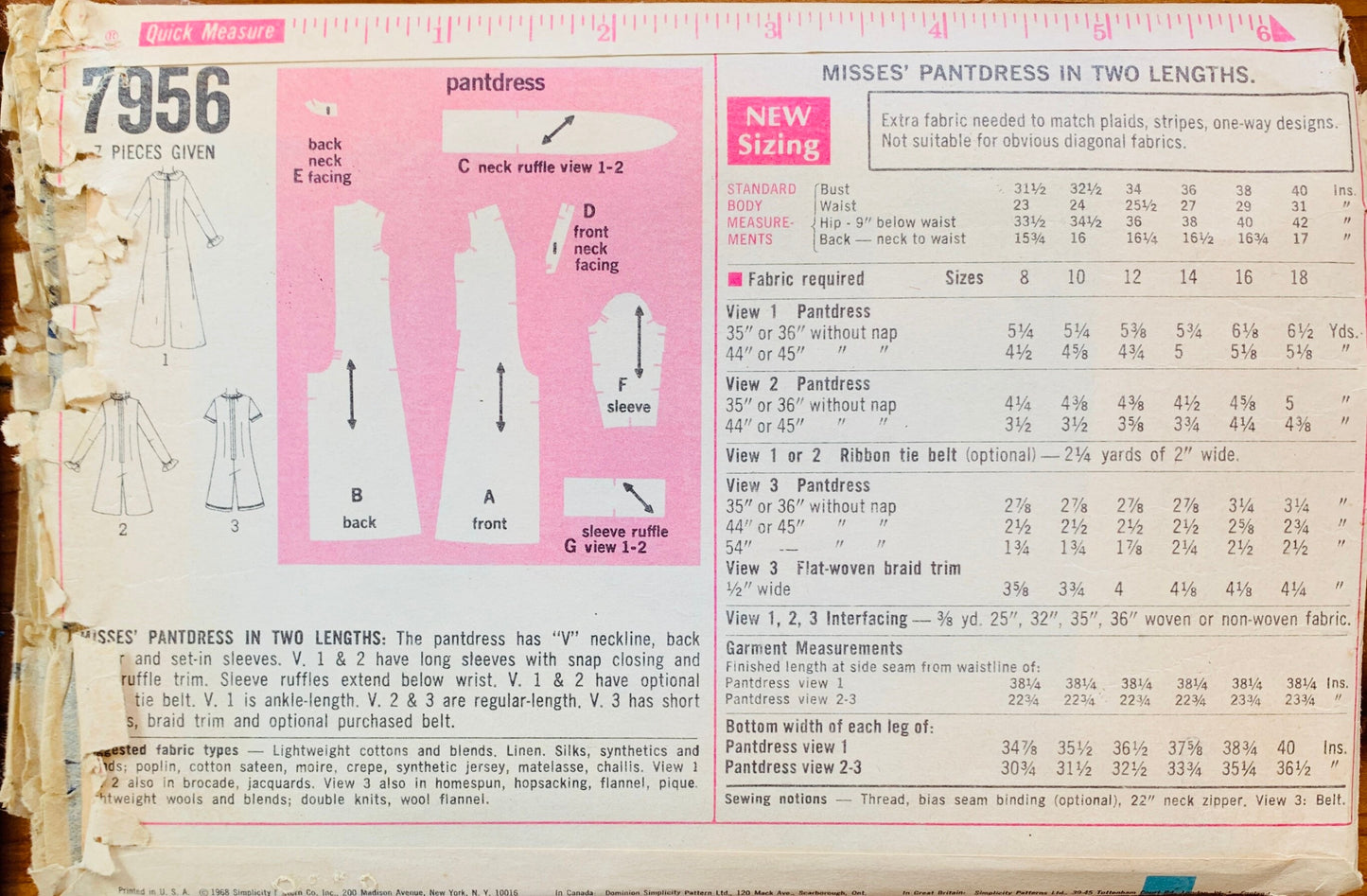 60s Ruffled V Neck Jumpsuit Short Pantdress Culottes Pant Dress Vintage Petite Sewing Pattern Simplicity 7956 B32
