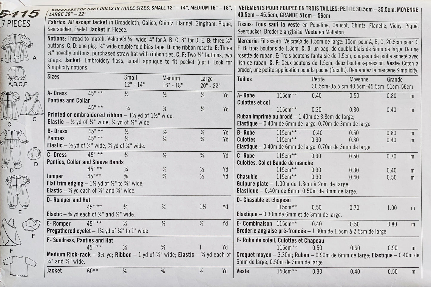 Doll Wardrobe in 3 sizes Rompers Dresses Cute Dolls Clothing Sewing Pattern Simplicity 5415 14-22" Dolls