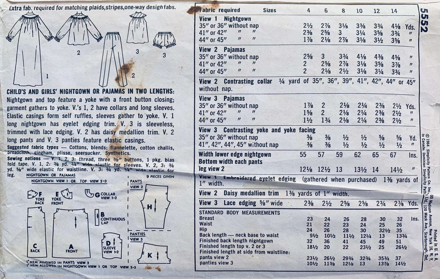 60s Girls Pajamas 2 Piece Pajama Set Winter PJs Sleepwear Vintage Sewing Pattern Simplicity 5552 Size 8