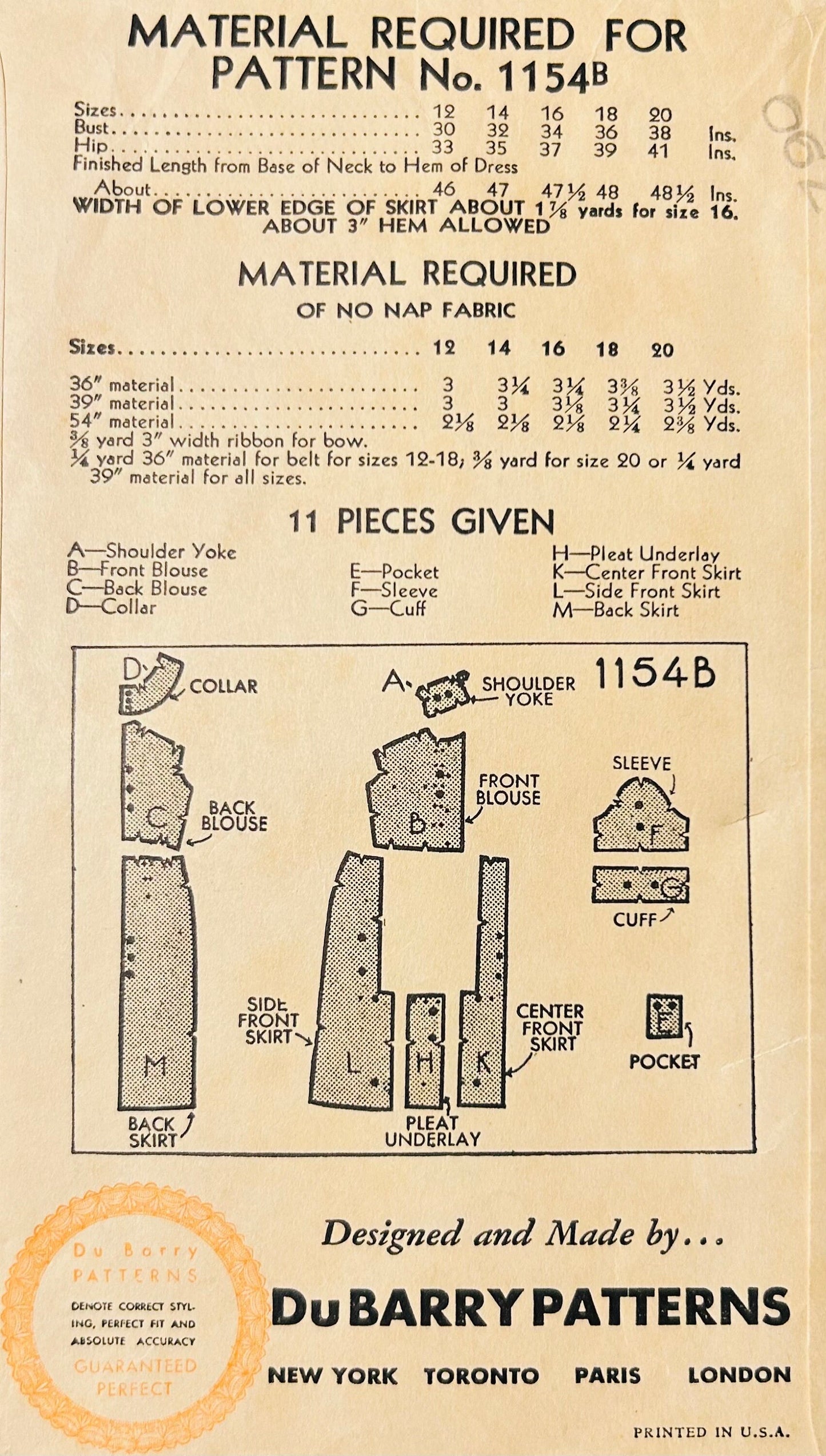 30s Shirtwaist Dress w/ Pockets and Panelled Skirt Vintage Sewing Pattern Dubarry 1154B B34