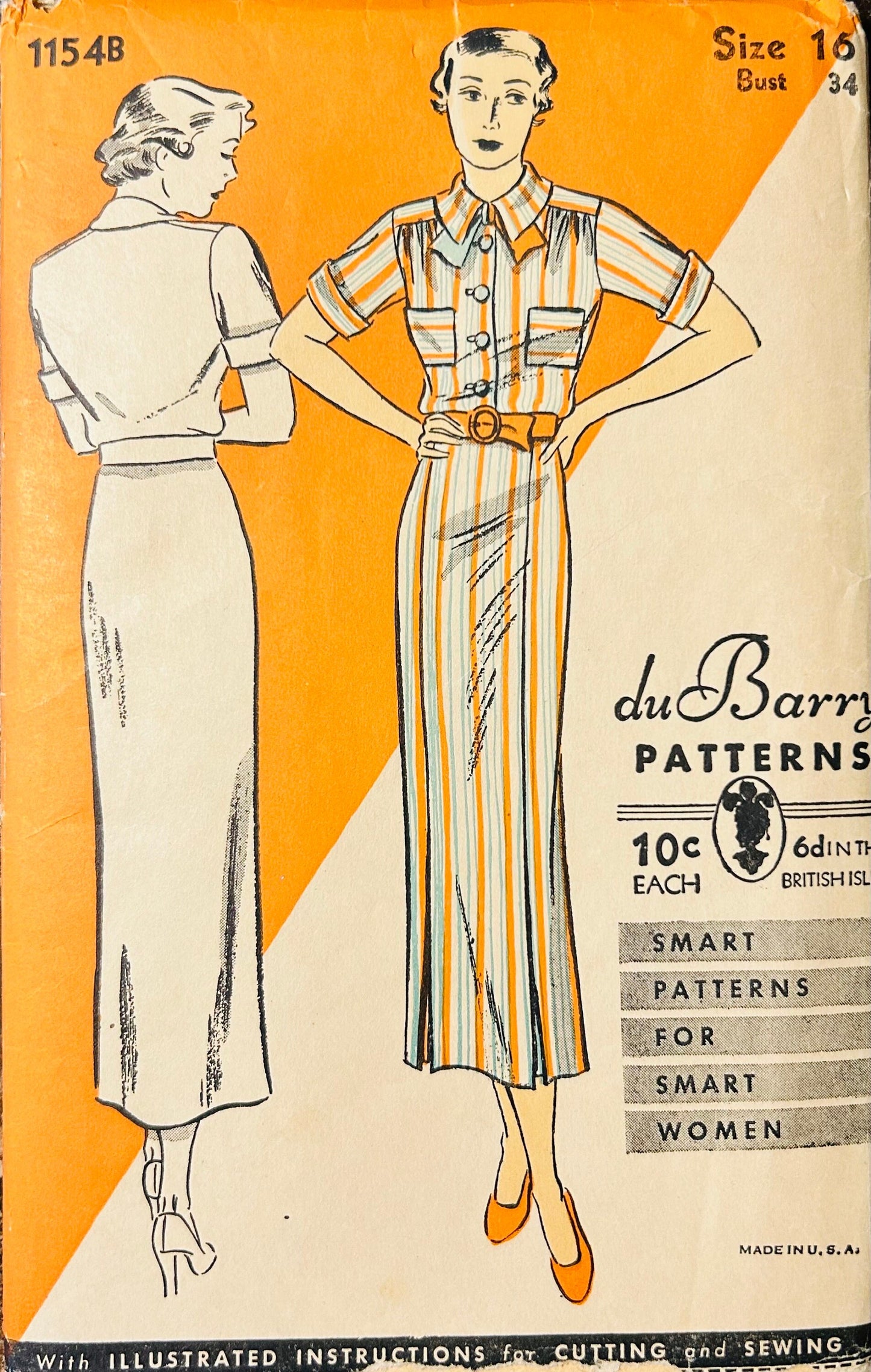 30s Shirtwaist Dress w/ Pockets and Panelled Skirt Vintage Sewing Pattern Dubarry 1154B B34