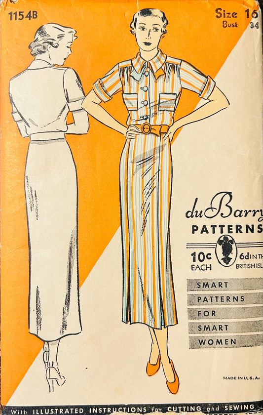 30s Shirtwaist Dress w/ Pockets and Panelled Skirt Vintage Sewing Pattern Dubarry 1154B B34