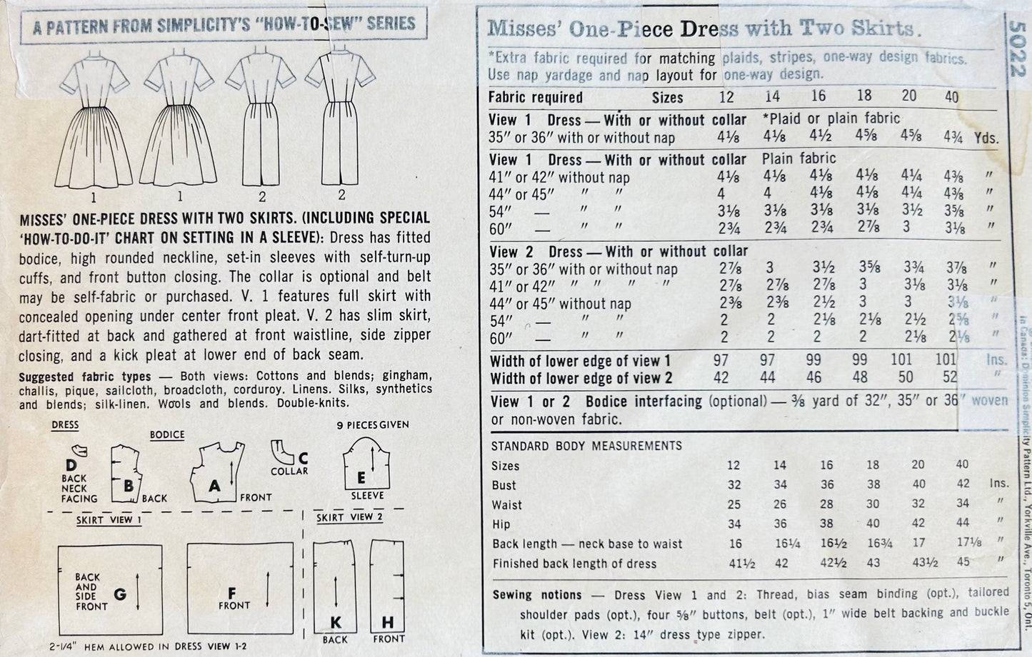 60s Classic Shirtwaist Day Dress Lucy Fitted Sheath Dresses Learn to Sew Vintage Sewing Pattern Simplicity 5022 B36
