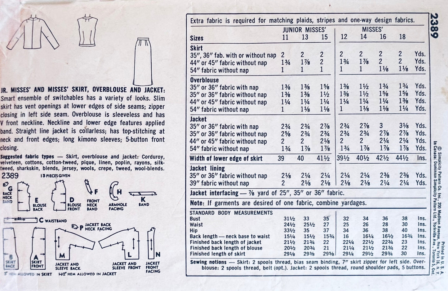 50s Fitted Womens Suit Pencil Skirt V Neck Overblouse Sleeveless Top Cardigan Jacket Vintage Sewing Pattern Simplicity 2389 B34