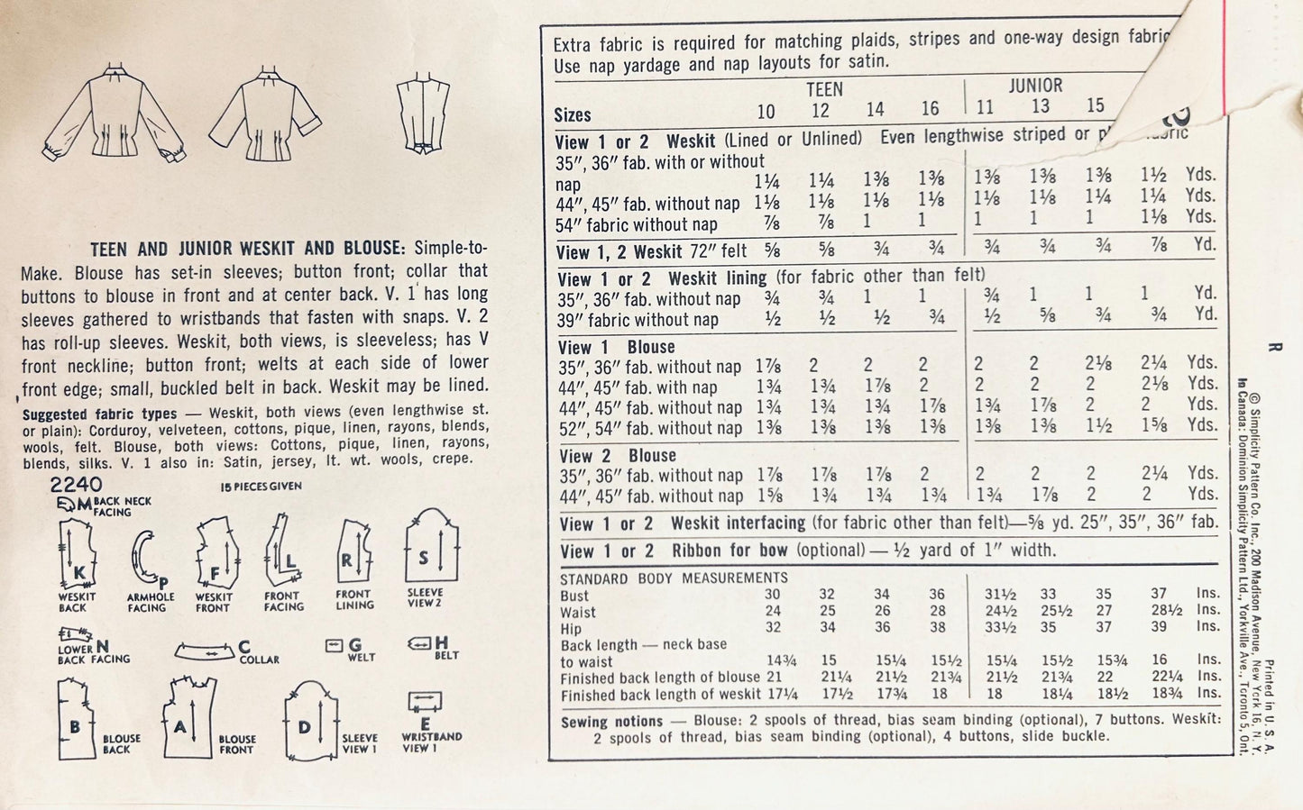 50s Fitted Weskit Vest Button Front Blouse w/ Sleeve Options & Square Collar Petite Vintage Sewing Pattern Simplicity 2240 B31
