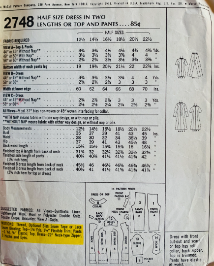 70s Princess Seam Dress w/ Sash or Keyhole Neckline Pant Suit Pantsuit Straight Leg Pants Tunic Top Vintage Sewing Pattern Wounded Bird McCalls 2748 B35