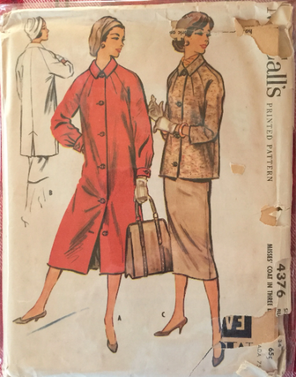 50s Starbust Seam Straight Winter Coat Jacket w/ Square Collar Sewing Pattern McCalls 4376 B34