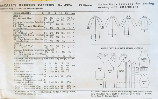 50s Starbust Seam Straight Winter Coat Jacket w/ Square Collar Sewing Pattern McCalls 4376 B34