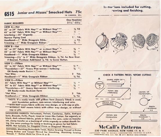 60s Pillbox Hat Millinery Smocked Hats Hatmaking Hat Making Vintage Sewing Pattern McCalls 6515