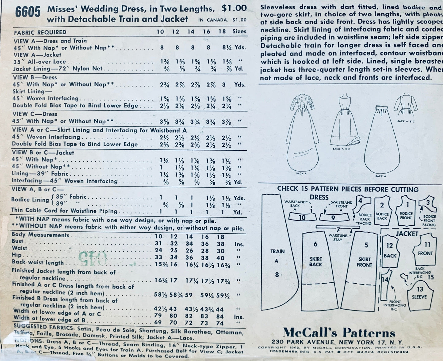 60s Empire Waist Wedding Dress Bateau Neck Cummerbund & Train Gown Petite Sewing Pattern McCalls 6605 B32