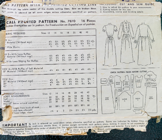 40s Ruffled Nightgown w/ Inset Waist Mother Daughter Sleepwear Night Gown Vintage Sewing Pattern McCall 7870 B34