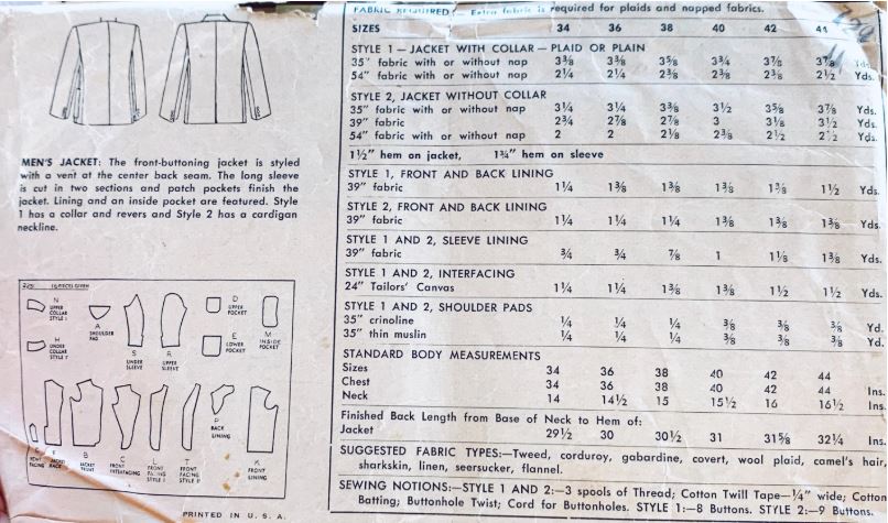 Mens' Sport Jacket Suit Coat Vintage Sewing Pattern Simplicity 2251 36