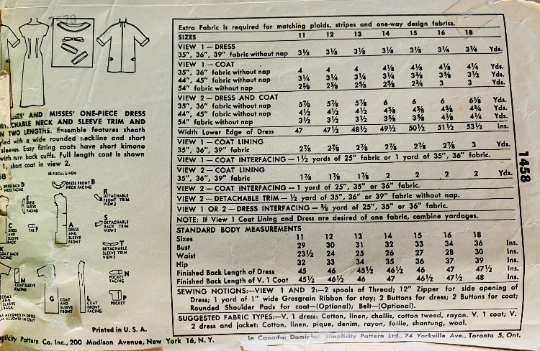 50s Form Fitting Sheath Dress & Kimono Sleeve Coat w/ Pockets Petite Vintage Sewing Pattern Simplicity 1458 B32