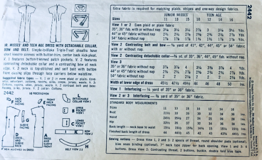 50s Drop Waist Sheath Straight Pilgrim Collar Dress w/ Pocket EASY Petite Modest Vintage Sewing Pattern Simplicity 2442 B32
