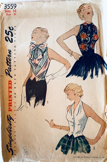 50s Vintage Button Front Halter Top Pattern GLAM Blouse w Huge Bow Sewing Pattern Simplicity 3559 B34