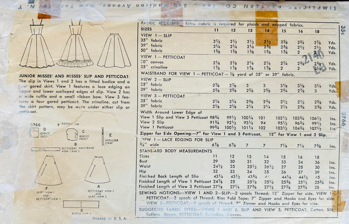 50s Petticoat Full or Half Slip Lingerie Sewing Pattern Simplicity 3766 B33