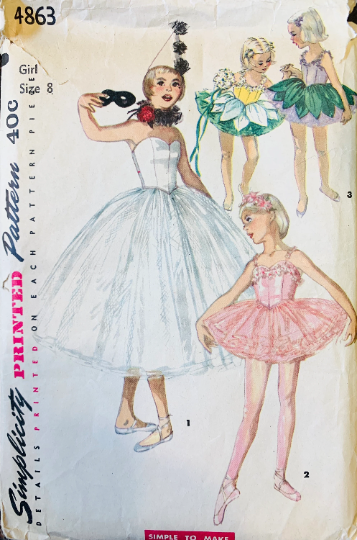 Girls Classic Tutu Strapless Dance Costume Fairy Flower Dancewear w/ Hat & Ruff Vintage Sewing Pattern Simplicity 4863 Size 8
