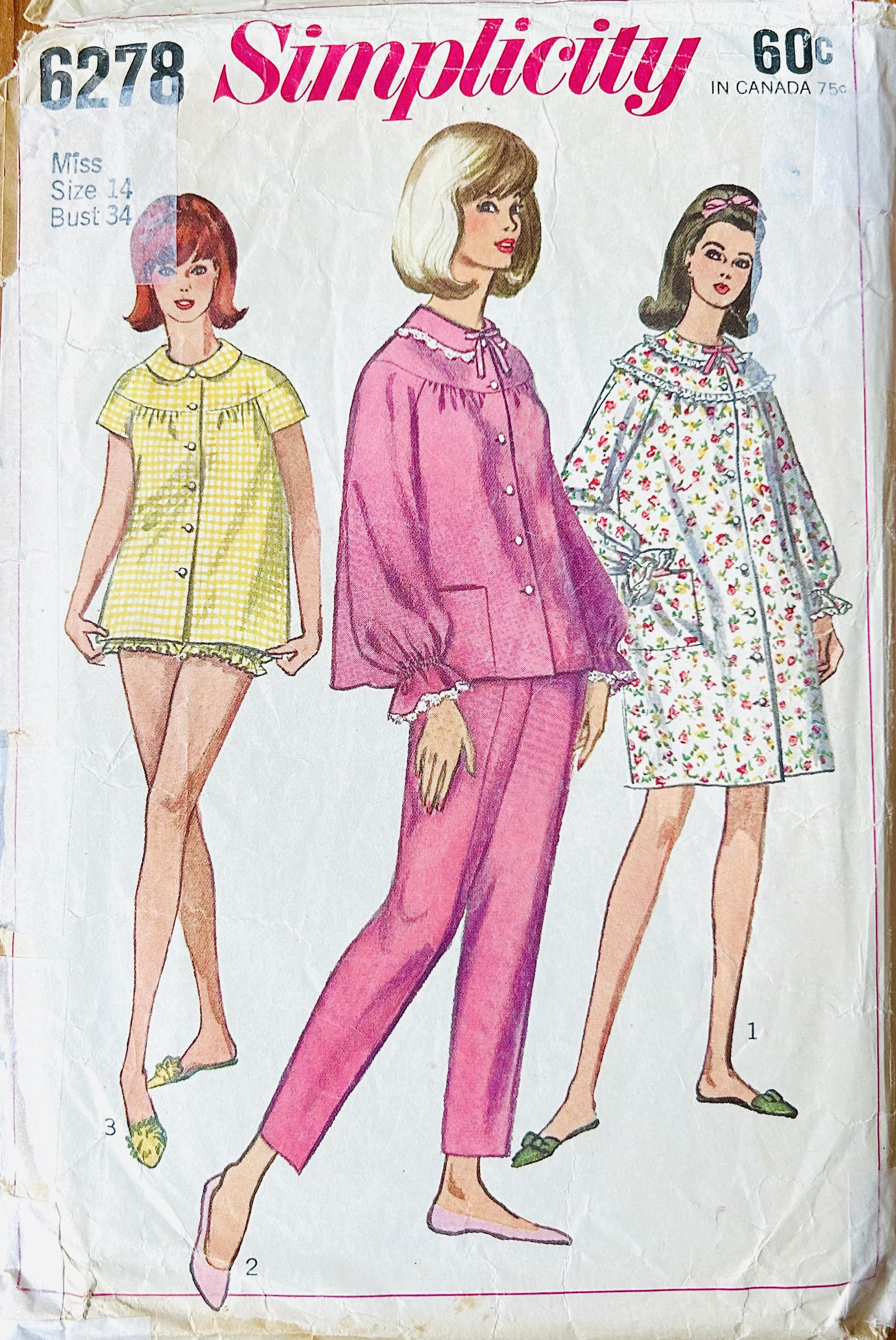 60s Two Piece Pajamas Robe Set Babydoll PJs Sleepwear Wounded Bird Sewing Pattern Simplicity 6278 B34