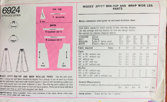 70s Bra Top & Palazzo Pants Cruise Loungewear Easy Jiffy Sewing Pattern Simplicity 6924 B38