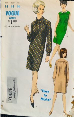 60s Long Sleeve or Sleeveless Straight Sack Dress Vintage Sewing Pattern Vogue 6574 B34