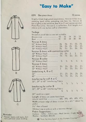 60s Long Sleeve or Sleeveless Straight Sack Dress Vintage Sewing Pattern Vogue 6574 B34