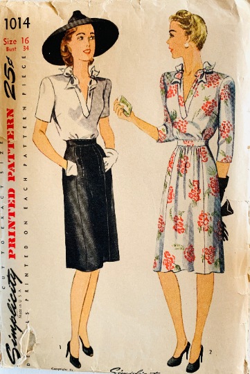 40s Day Dress w/ Cute Bow Trimmed Neckine & Pockets Vintage Sewing Pattern Simplicity 1014 B34