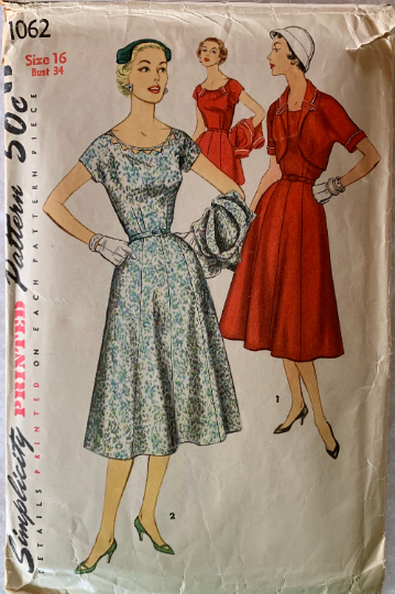 50s Fit N Flare Tab Accent Gored Skirt Cap Sleeve Day Dress w/ Bolero Jacket Vintage 50s Sewing Pattern 1062 B34