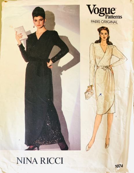 80s Wrap Dress Cocktail or Maxi Evening Length Dresses Designer Nina Ricci Petite Vintage Sewing Pattern Vogue 1074  B31