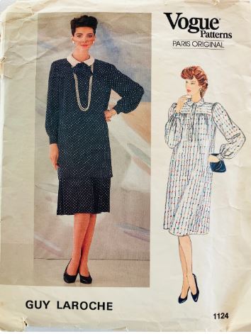 80s Loose Dress Tunic Top w/ Pussy Bow Pleated Skirt Guy Laroche Designer Vintage Sewing Pattern Vogue Paris Original 1124 B34