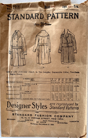 1900s Edwardian Coat Girls' Juniors Coats w/ Convertible Collar Raglan Sleeves Button Front Outerwear Vintage Sewing Pattern Standard 1211 Size 12