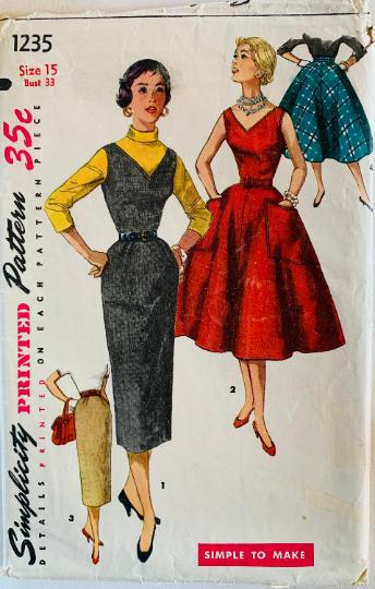 50s Sleeveless Fit N Flare Sheath Jumper Sun Dress Sundress Fitted Skirt BIG Pockets Easy Vintage Sewing Pattern Simplicity 1235 B33