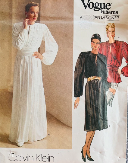 80s Ruched Maxi Dress w/ Cummerbund Waist Evening Gown Blouse Top Designer Calvin Klein Vintage Sewing Pattern Vogue 1263 B34