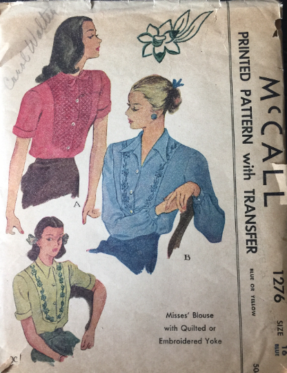 40s Button Front Pointed Collar Quilted U Yoke Blouse Top Quilting Vintage Sewing Pattern w/ Embroidery Transfer McCall 1276 B34