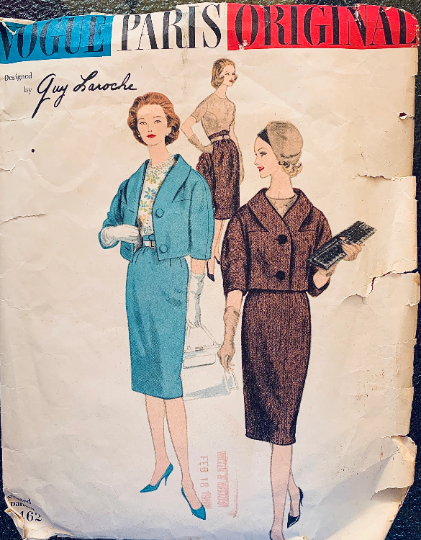 60s Womens Suit Pattern Cropped Jacket Fitted Skirt Designer Guy Laroche Petite Sewing Pattern Vogue Paris Original 1462 B32