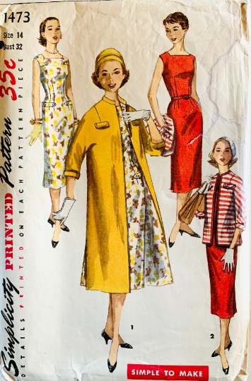 50s Fitted Sheath Dress w/ Matching Spring Coat Petite Easy Vintage Sewing Pattern Simplicity 1473 B32