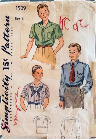 Boys Button Front Casual or Dress Shirt Wing Collar w/ Short or Long Sleeves Vintage Sewing Pattern Simplicity  1509 Size 6