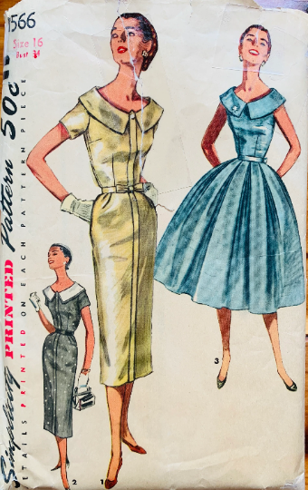 50s Sexy Sheath Dress Wide Collar Fitted Body Con Fit N Flare w/ Wide Collar Cocktail Sewing Pattern Simplicity 1566 B34