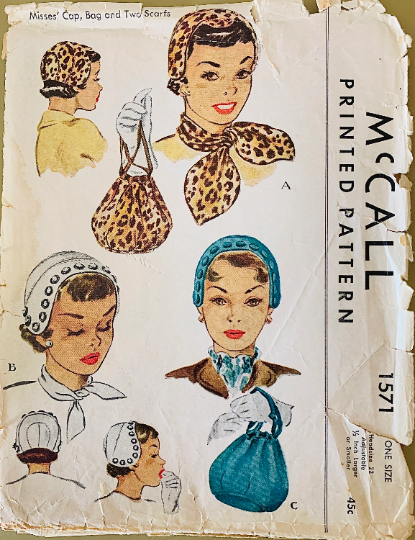 50s Womens Hats & Accessories Top Handle Purse Fitted Skull Cap Drawstring Bag Sewing Pattern McCall 1571